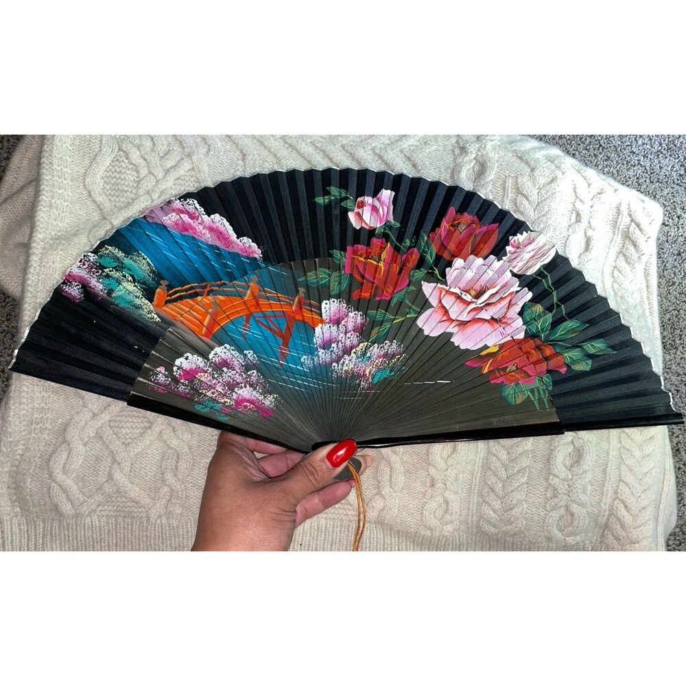 Vintage 16" Japanese Large Hand Painted Folding Fan Roses Bridge Handheld Black